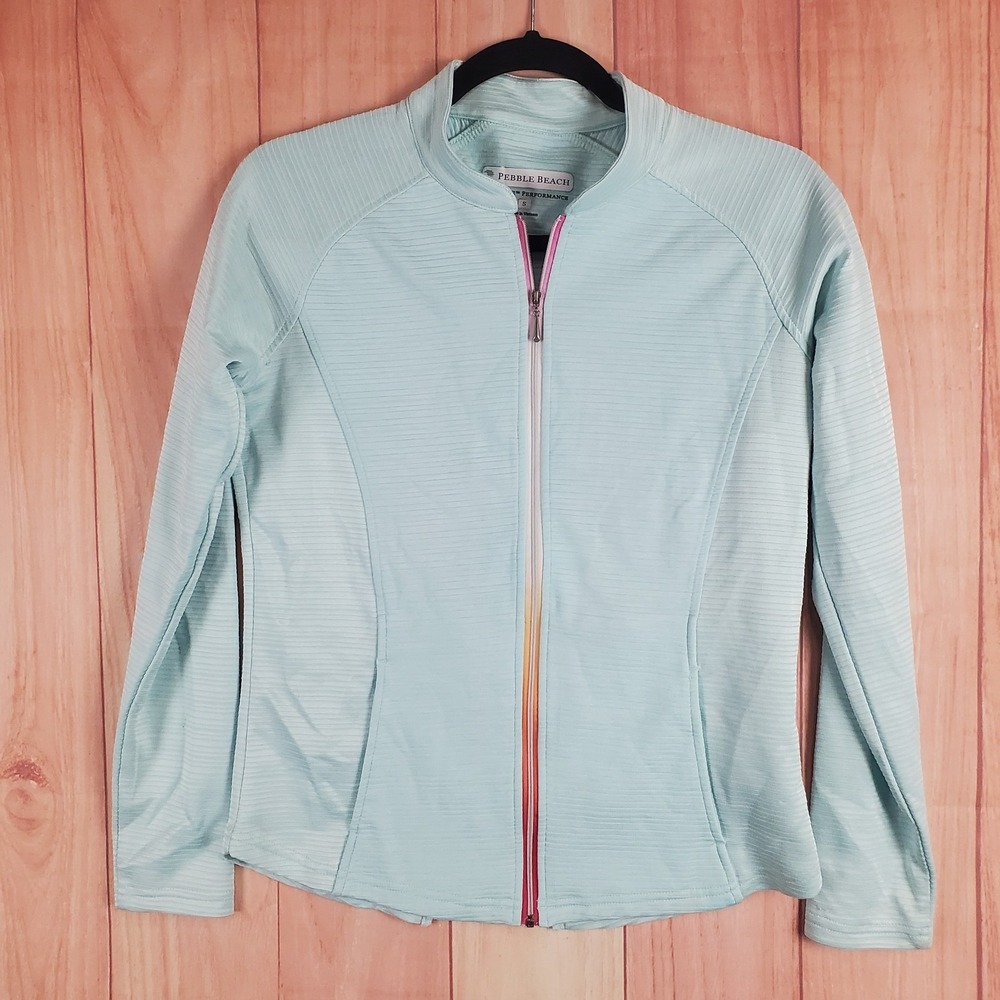 Pebble Beach Women Jacket Small Light Blue Polyester Long Sleeve Pocket Full Zip